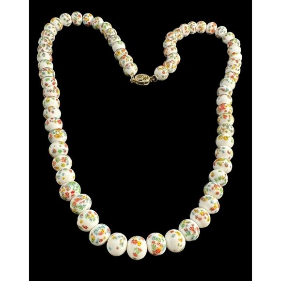 Vintage MCM White Millefiori Beaded Knotted Necklace Gold Tone Filigree Clasp - Picture 2 of 7